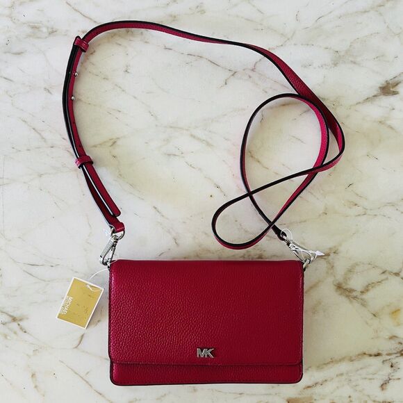 MICHAEL KORS Mott Dark Raspberry Red Leather Phone Crossbody Bag - Picture 1 of 10